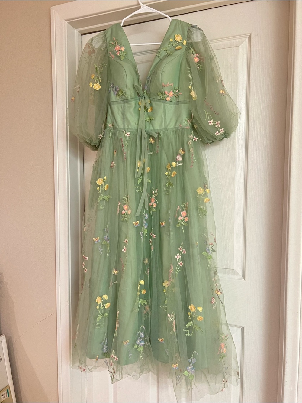Floor Length Light Green Tulle Dress with embroidered flowers